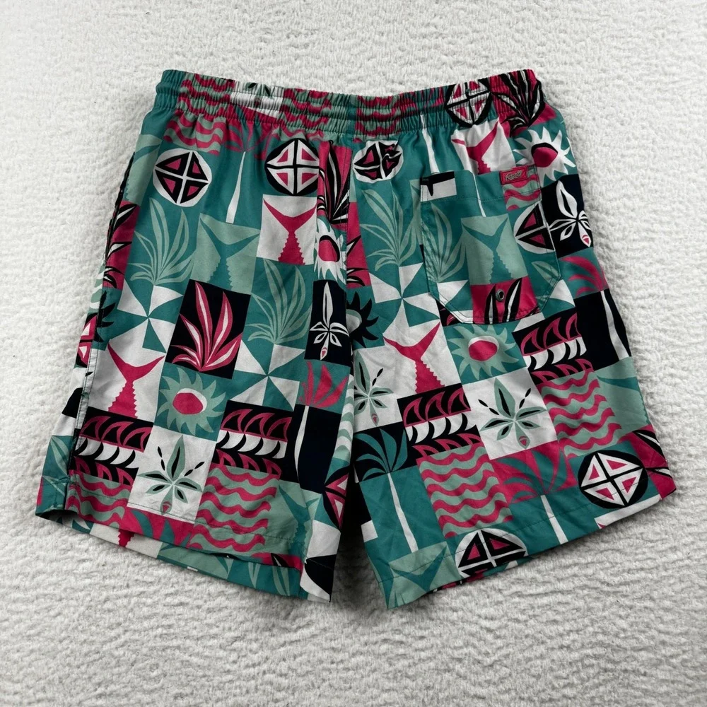 Rsvlts Swim Trunks Mens Large Green Tiki Retro Geometric Logo Stretch Surfing